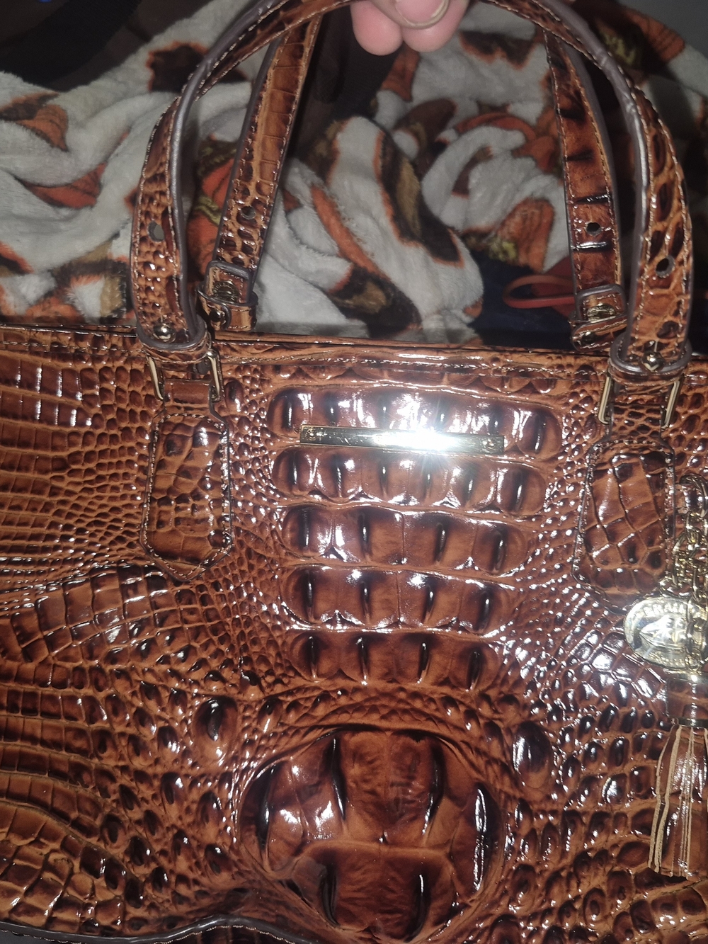 Brahmin Glossy Cognac Croc-Embossed Satchel with Gold Hardware